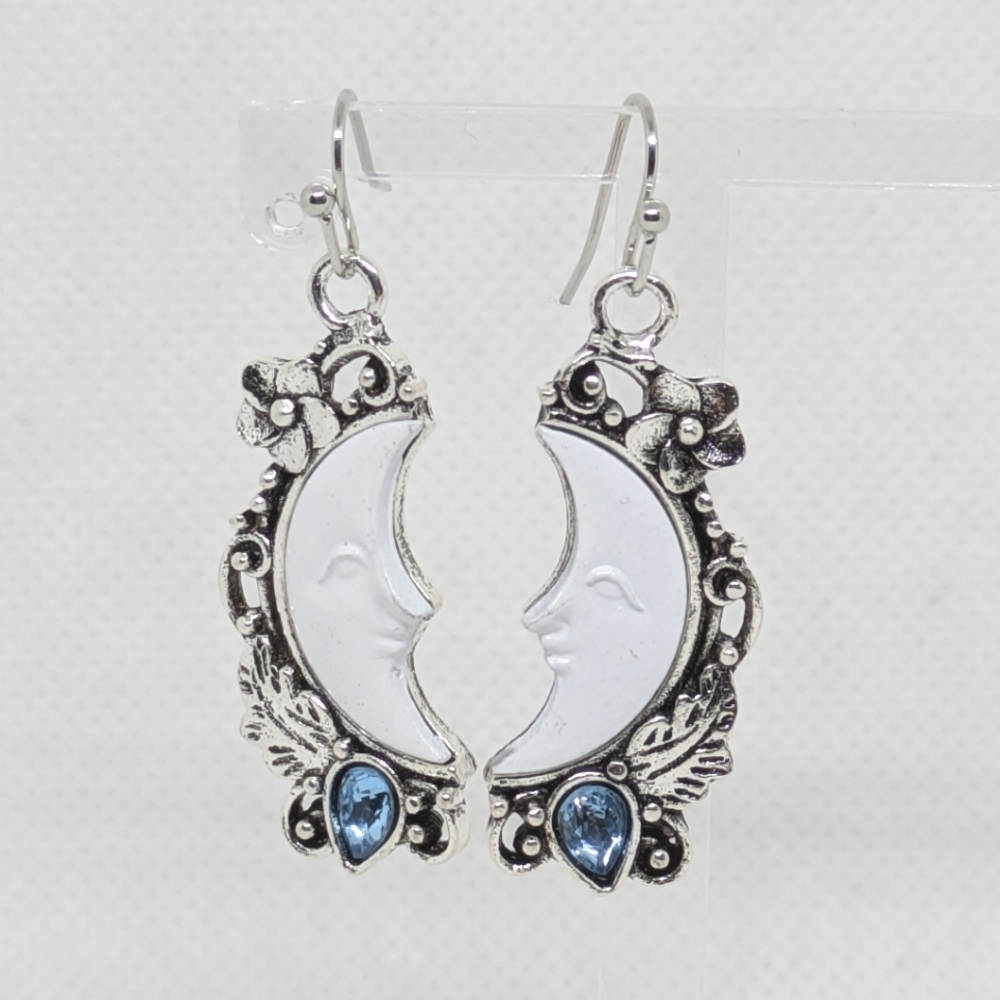 New Crescent Moon Dangle Earrings Silver Tone White Blue Jewel Man in the Moon